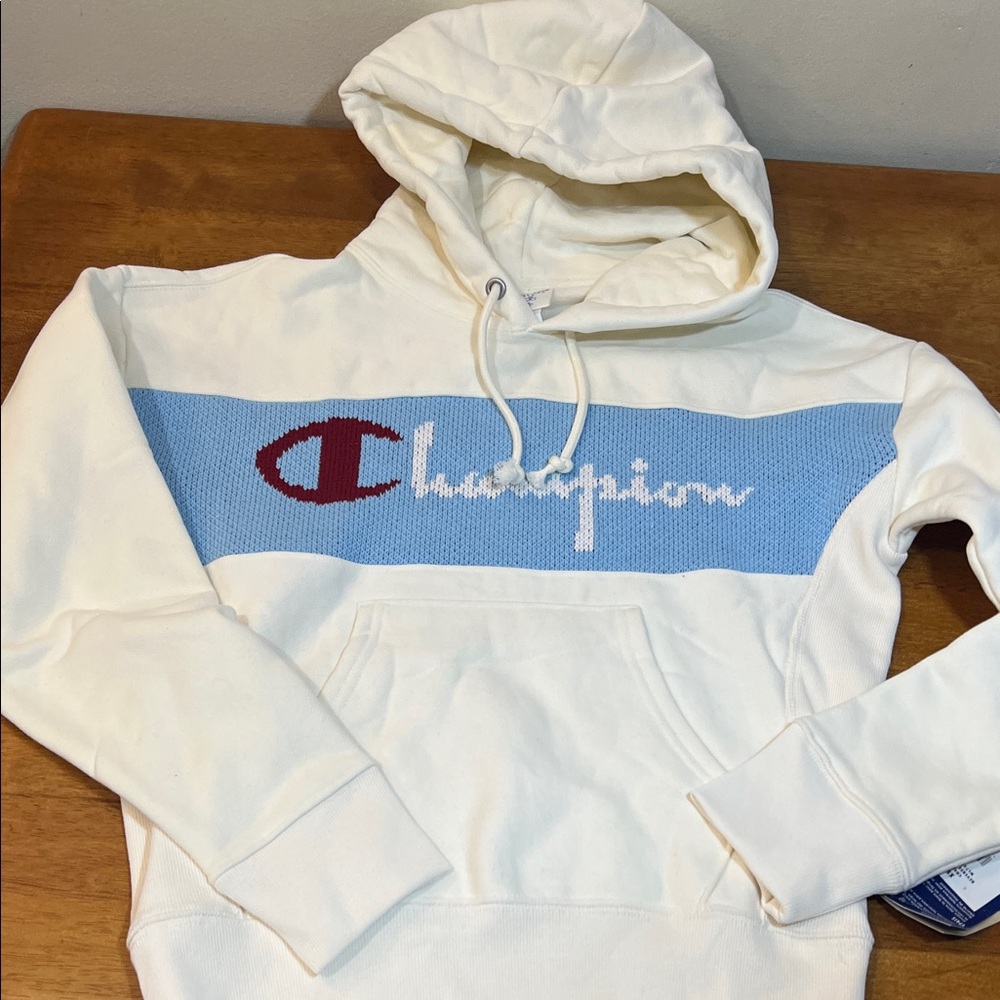 Champion Cream Pullover Hoodie with Light Blue Chest Panel Size XS